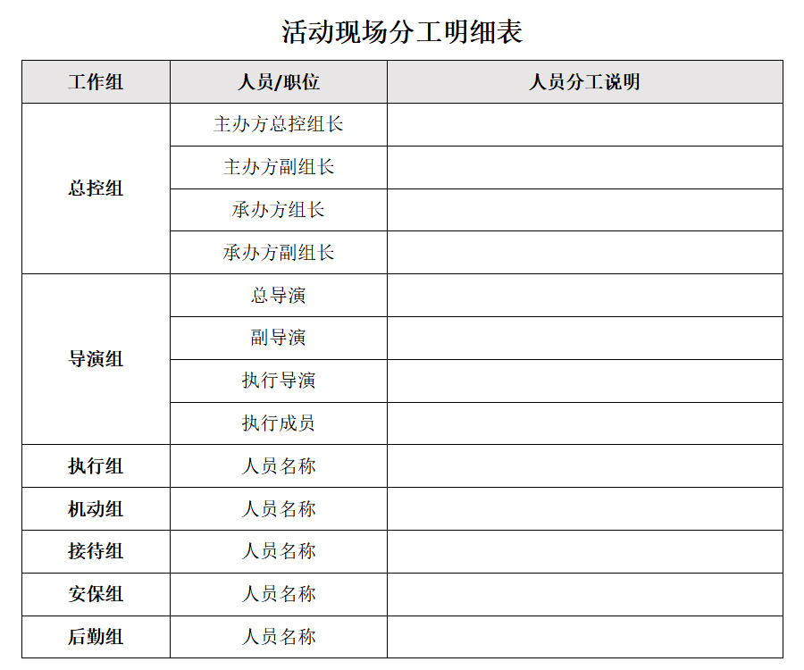 活动现场人员分工明细表